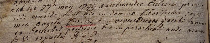 Acte de décès Cariers Angela, 1744 Acte de décès Cariers Angela, 1744