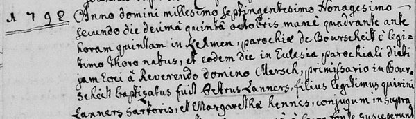 Acte de baptême Pierre Lanners 1792 Acte de baptême Pierre Lanners 1792