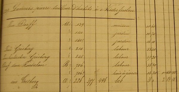 Liste des prorpiétaires à Niederfeulen vers 1840
