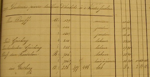 Liste des prorpiétaires à Niederfeulen vers 1840 Liste des prorpiétaires à Niederfeulen vers 1840