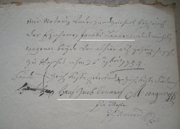 Signature Hans Jacob Lanners, 1754