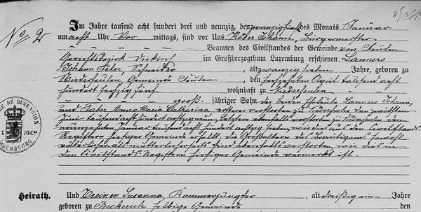 Acte de mariage Jean-Pierre Lanners - Suzanne Threinen 1893 partie 1 Acte de mariage Jean-Pierre Lanners - Suzanne Threinen 1893 partie 1