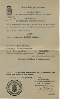 Autorisation d'établissement d'Eugène Lanners, 1938 Autorisation d'établissement d'Eugène Lanners, 1938
